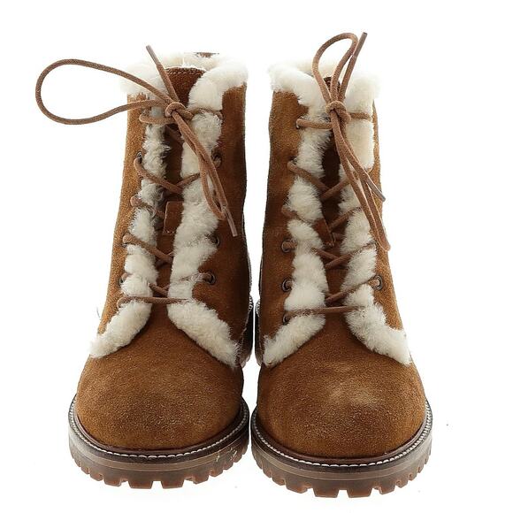 Madewell Boots Lace Up Suede Shearling Winter Combat Chunky Lug Sole Brown Cream - Picture 4 of 11